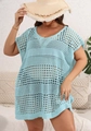 Close-up of sky blue hollow knit pattern on this loose plus size beach cover-up dress - One Size / Tops / Blue