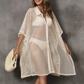 Détail du cache-maillot de plage en résille avec col chemise et boutons blancs - Taille unique / Hauts / Abricot