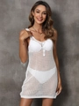 Dettaglio del copricostume bianco all'uncinetto con bottoni e trama in maglia traforata - S / Bianco