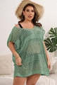 Detail of green plus size crochet beach cover up dress with bohemian hollow out knit texture - One Size / Green