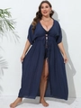 Deep blue long beach cover-up with lace hollow design and waist tie for women - One Size / Tops / Navy Blue