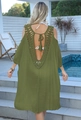 Detail of green crochet backless beach dress with lace-up tassels and hollow cut-outs - One Size / Tops / Army Green