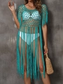 Detail of crochet beach cover-up featuring large mesh knit and long fringe tassels - One Size / Green