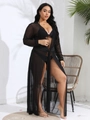 Women's plus size black sheer mesh long cardigan with waist tie for beach cover-up - 0XL / Tops / Black
