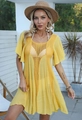 Detailed view of yellow knit hollow-out beach dress with intricate crochet V-neckline - One Size / Yellow