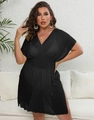 Detail of plus size black sheer mesh dress featuring deep V-neck and high elastic waist - 0XL/L / Tops / Black