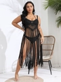 Detail of black crochet beach cover-up featuring intricate hollow patterns and long fringe - One Size / Tops / Black