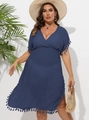 Plus size navy blue V-neck beach cover-up dress with tassel trim and high waist - 0XL / Navy Blue