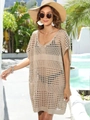 Beige crochet knit beach cover-up with V-neck and hollow-out design for women - One Size / Khaki