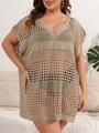 Close-up of khaki crochet knit beach cover-up with hollow out design and V-neckline - One Size / Tops / Khaki