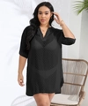 Close-up of semi-transparent black polka dot mesh texture and V-neckline detail - 0XL / Black