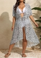 Detail of plus size beach cover-up featuring black and white geometric print and waist tie - 0XL / Tops / Black
