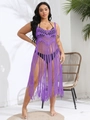 Häkel-Strandkleid in Übergröße in Lila mit Fransen und geometrischem Muster für Damen - Einheitsgröße / Lila
