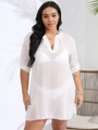 White V-neck Swiss dot mesh beach cover-up with sheer loose fit and half sleeves - 0XL / White