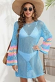 Detail of crochet beach cover-up featuring wide flared sleeves with colorful stripes - Blue