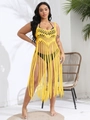 Vibrant yellow crochet beach cover-up with tassel hem for summer resort wear - One Size / Yellow
