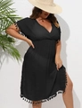 Detail of plus size black V-neck beach cover-up dress with decorative fringe tassels - 0XL/L / Bottoms / Black