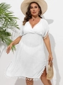Plus size white V-neck beach cover-up dress with tassel trim and high waist detail - 0XL / Top And Bottom / White