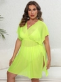 Detail of neon yellow mesh beach cover-up featuring a deep V-neck and side slit design - 0XL/L / Tops / Green