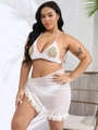 Top de bikini blanco a ganchillo con girasol y falda de playa de gasa con flecos - Conjunto de Tres Piezas (Bikini + Braga + Sarong) / Blanco