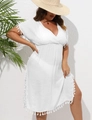 Detail of white plus size beach cover-up featuring deep V-neck and fringe tassel trim - 0XL/L / Bottoms / White