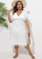 Detail of white V-neck beach cover-up featuring fringe hem and high waist design - 0XL / White