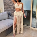Détail de la maille crochetée de l'ensemble haut dos nu et jupe longue à franges beige - Taille unique / Haut Et Bas / Abricot