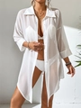 Elegant white sheer chiffon long sleeve polo shirt for women, loose casual resort style - S / Tops / White
