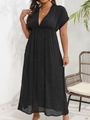 Detail view of the textured black fabric on this deep V-neck high waist maxi dress - 0XL / Top And Bottom / Black
