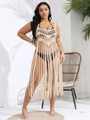 Detail of beige crochet beach cover-up featuring geometric lace and long fringe tassels - One Size / Apricot