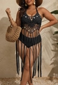 Detalle del vestido de playa de ganchillo a mano con lentejuelas y flecos largos - Talla única / Negro