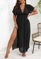 Détail d'une robe longue noire à col en V avec fente haute et taille haute élastiquée - 0XL / Hauts / Noir
