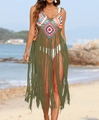Detalle de pareo de playa de ganchillo bohemio con flores de colores y borlas largas - Talla única / Tops / Verde Militar