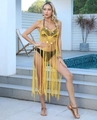 Detail of yellow crochet beach cover-up featuring colorful sequins and long fringe tassels - One Size / Yellow