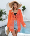 Detalle del vestido de playa de ganchillo naranja con encaje floral y lazos delanteros - Naranja