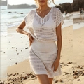 Detail of hollow out crochet knit texture on beige two-piece beach cover-up set - S / Top And Bottom / Apricot