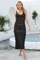 Detailed close-up of geometric hollow crochet knit patterns on a black beach cover-up dress - S / Top And Bottom / Black