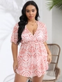 Plus size deep V-neck summer beach cover-up dress with red and white geometric print - 0XL / Orange