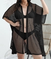 Detail view of black crochet beach cover-up with button-down design and mesh texture - One Size / Black