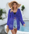 Detail of royal blue crochet beach cover up with geometric patterns and front tie - Blue