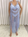 Détail du cache-maillot au crochet bleu clair avec maille complexe et longues franges - Taille unique / Bleu Ciel
