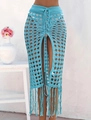 Detailed texture of light blue crochet beach skirt with hollow diamond pattern and tassels - S / Bottoms / Sky Blue