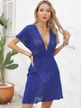 Blue crochet beach cover-up dress with deep V-neck and hollow ripple pattern - S / Top And Bottom / Dark Blue