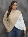 Maglione in maglia taglie forti da donna con patchwork bicolore e design a lupetto - 0XL / Beige & Bianco