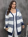 Damen Strickjacke in Übergröße mit marineblauen Streifen und offener Vorderseite - 0XL / Blau