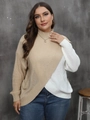 Grote maten gebreide damestrui met beige en wit kleurblokdesign en een opstaande kraag - 0XL / Abrikoos en Wit