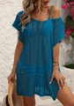 Détail de la tunique de plage au crochet bleu profond avec motifs ajourés géométriques - Taille unique / Bleu sarcelle