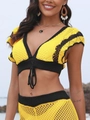 Haut de bikini au crochet jaune et noir avec décolleté plongeant en V et cordons à pompons - Jaune