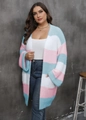 Detailed texture of thick color-block striped knit cardigan in blue, pink, and white - 0XL / Blue White Pink