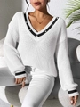 V-neck knit sweater with black contrast trim and pearl embellishments on the neckline - S / Tops / White